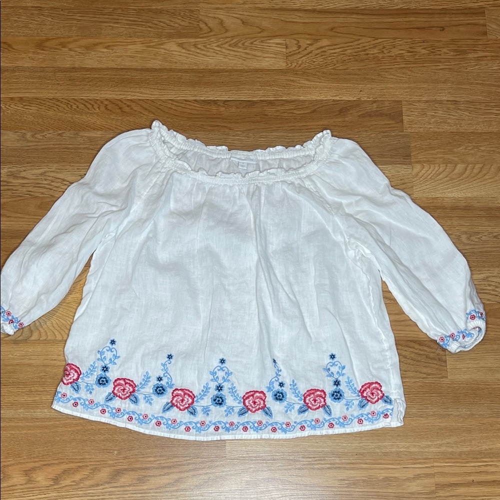 Charter Club White Blouse with Floral Embroidery